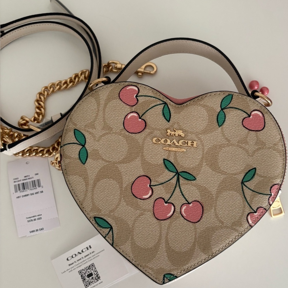 Coach Heart-Shaped Beige and Pink Cherry Crossbody Bag. Authentic